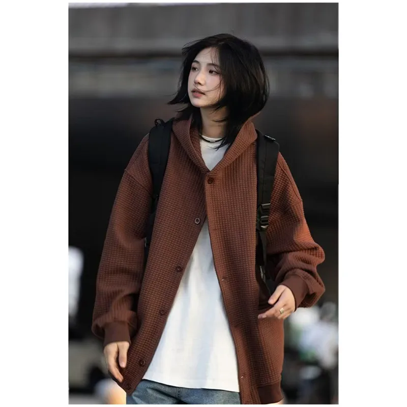 Unisex Oversized Hoodies Waffle Solid Women Sweatshirt Vintage Cotton Men Cardigan Coat Hooded Loose Trend Sweatshirt B0053