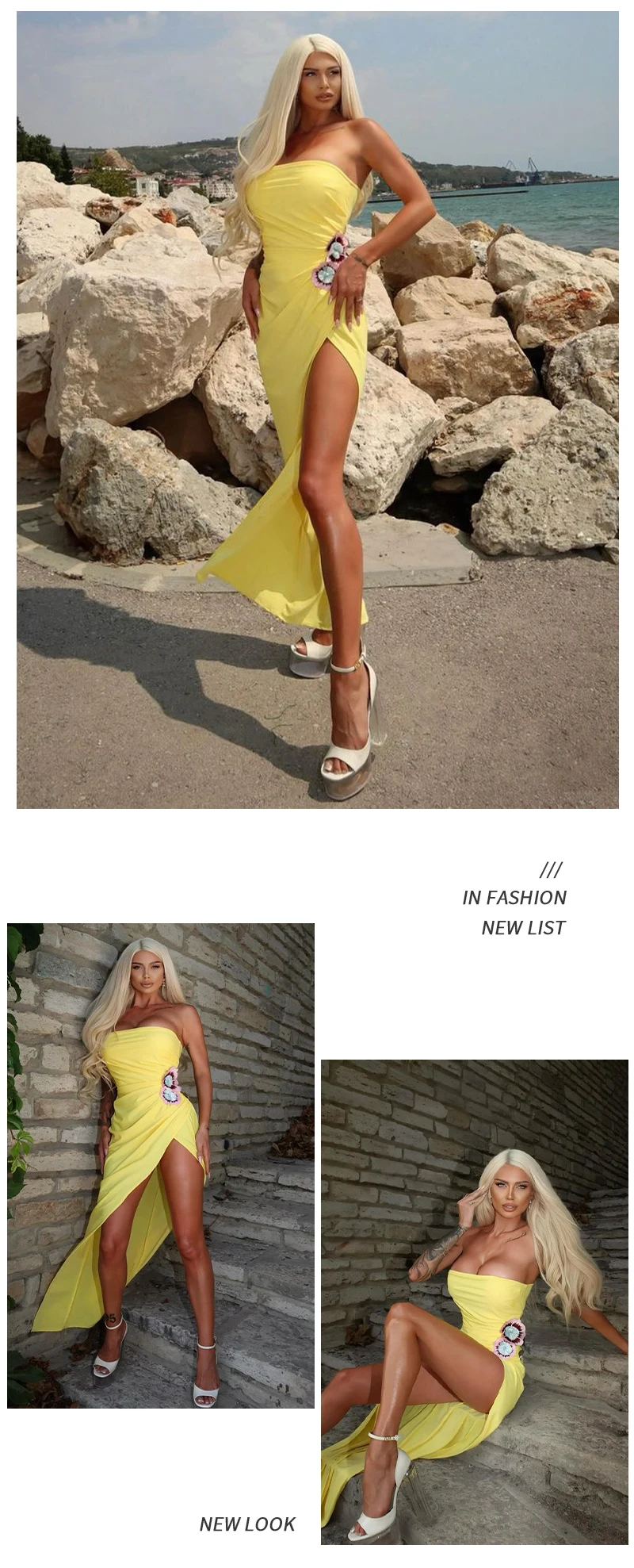 PB2025, Neue Sommer Gelb Lange Kleider Blume Liebsten Hohe Schlitz Bühne Leistung Party Kleid Backless Abendkleid Vestidos – Detail 7