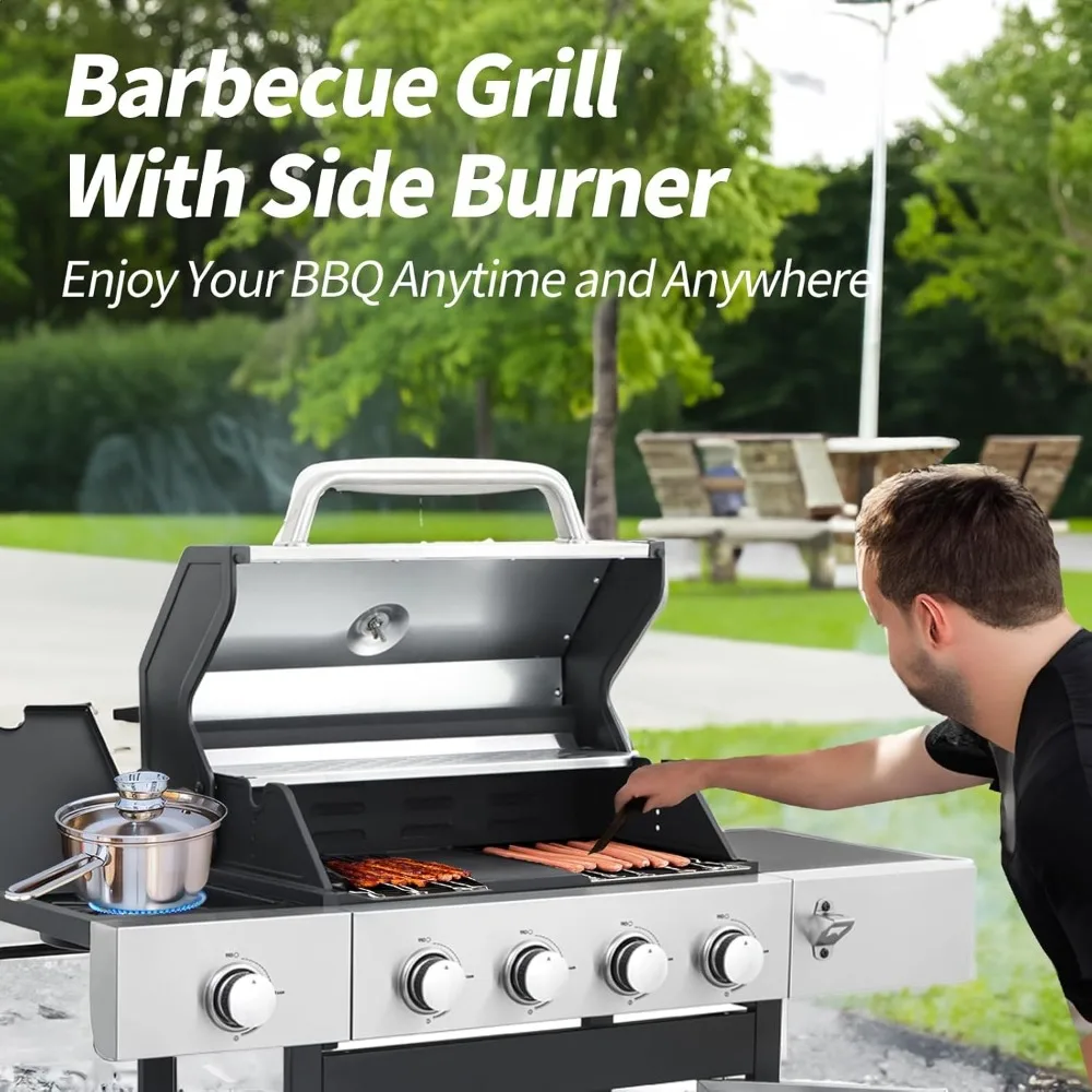 Grill, 4-Burner Propane Gas BBQ Grill with Side Burner & Porcelain-Enameled Cast Iron Grate, 46,790 BTU Barbecue Grill