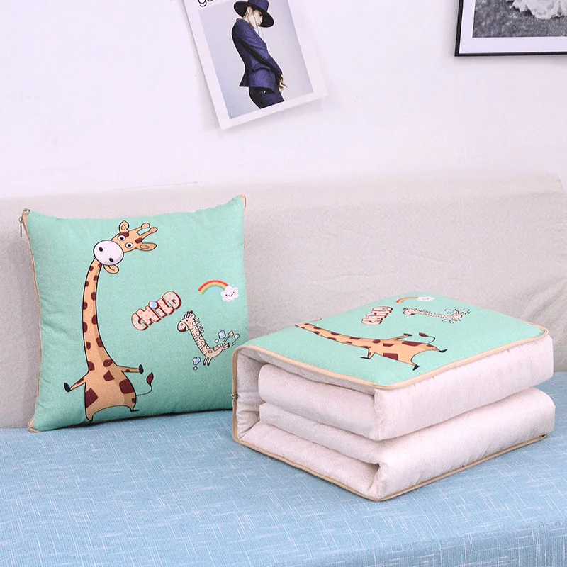 2 In 1 Pillow Travel Quilt Blanket Cartoon Thick Throw Pillow Portable Foldable Air Conditioner Cushion Blanket Car Sofa Office
