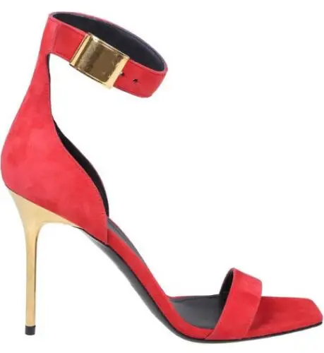 

Летние красные замшевые простые золотистые металлические босоножки с ремешком на щиколотке женские пикантные туфли на шпильке с открытым носком