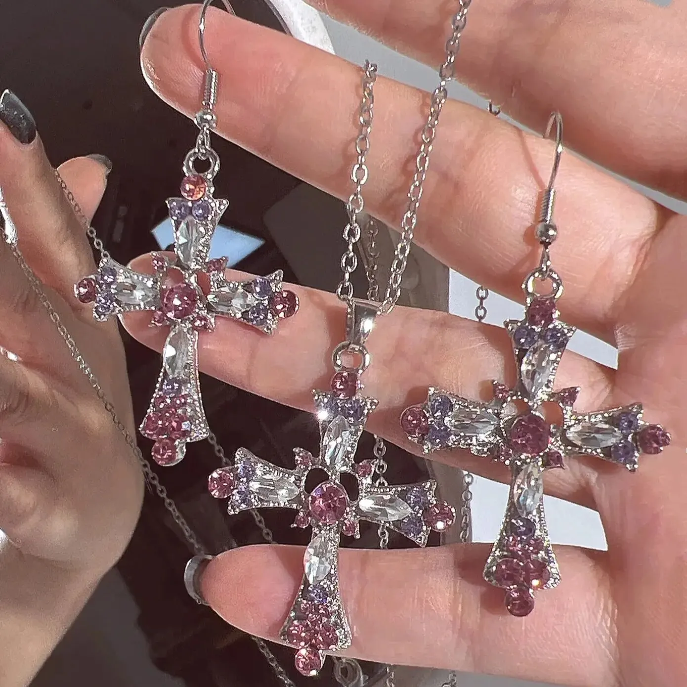 Jewelry Sets 3 Pcs/Set Cross Heart Pendants Earrings Necklaces Women's Party Gifts