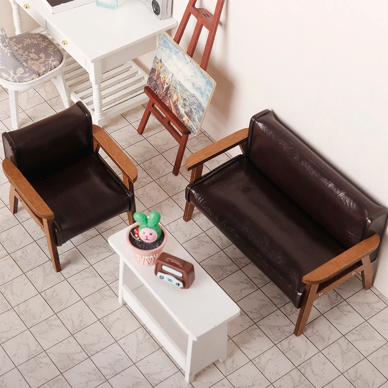 1:12 Dollhouse Miniature Sofa Leather Sofa Single/Double Chair Furniture Model Living Room Decor Toy Doll House Accessories