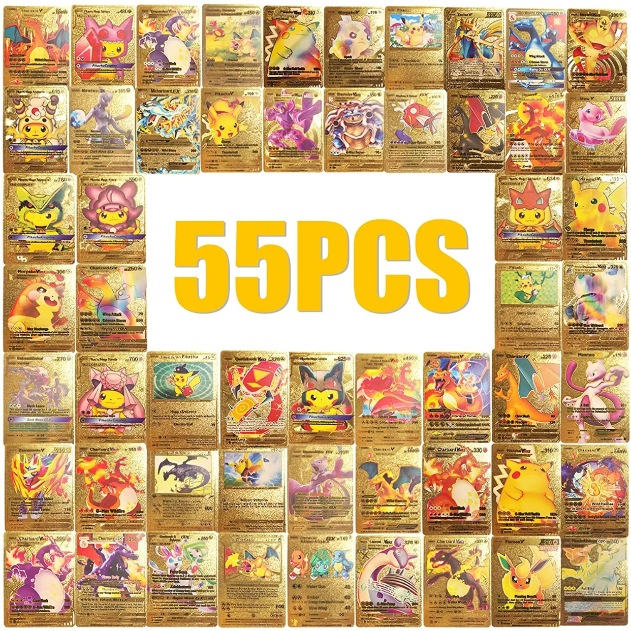 pokemon 55 Pcs Gold Foil Cards TCG Deck Box GX Rare Golden Cards V