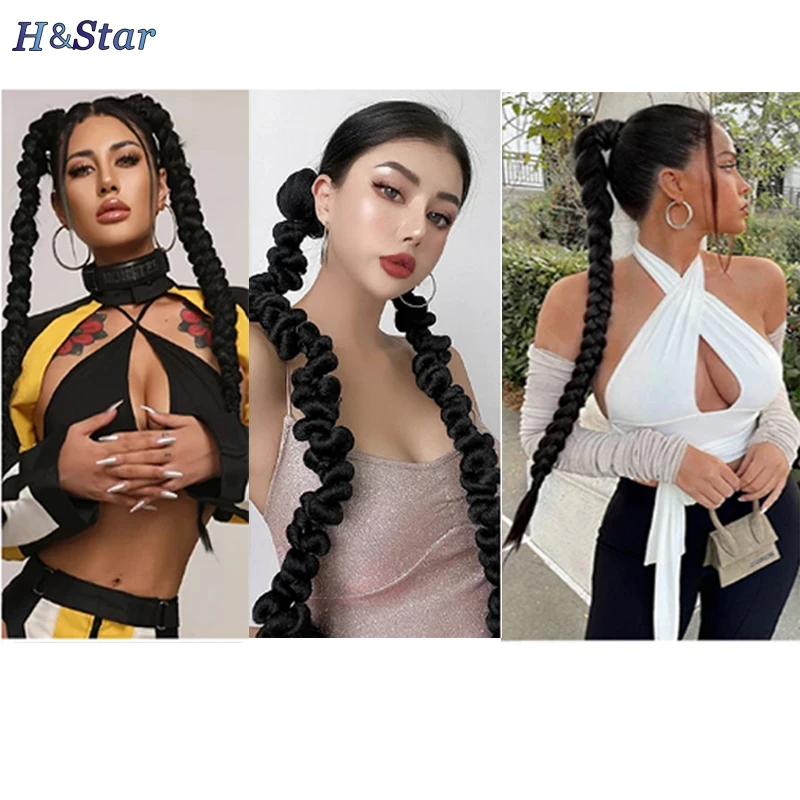 H&STAR 1PC 28Inch  Synthetic  Ponytail Hair Extension Braided With Elastic Headband  Boxing Braid   Ponytail for Women