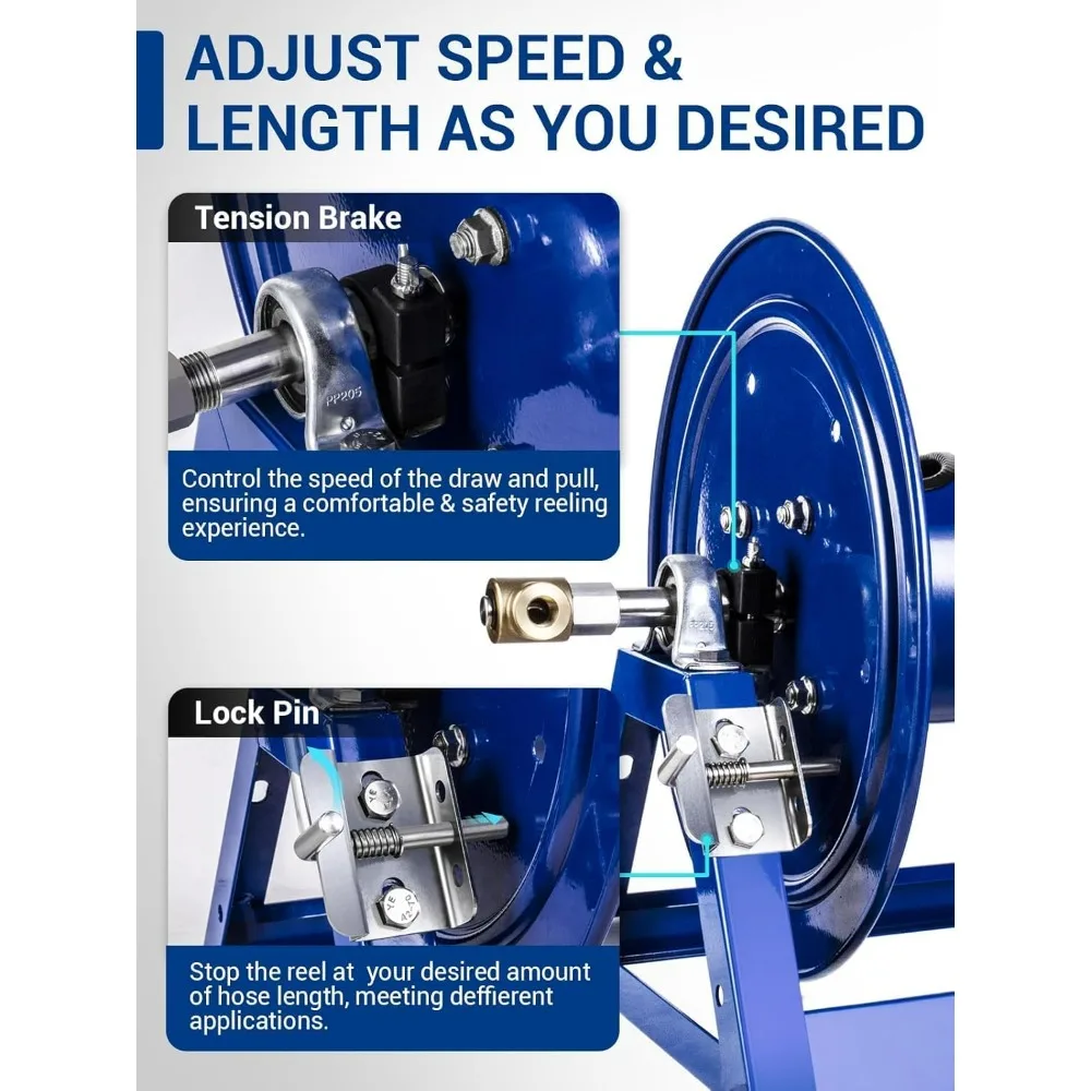 MekoH 3/8 Inch x 350 Feet Pressure Washer Hose Reel, 5000 PSI Hand Crank for 1/4 Inch x 455 Feet, Heavy Duty Steel Construction