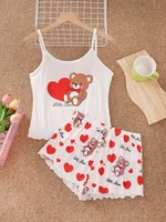 Ensemble de pyjama imprimé ours mignon et cœur de pêche pour femme, tailles S, M, L, XL – Hauts et shorts pour la maison et le sommeil 5