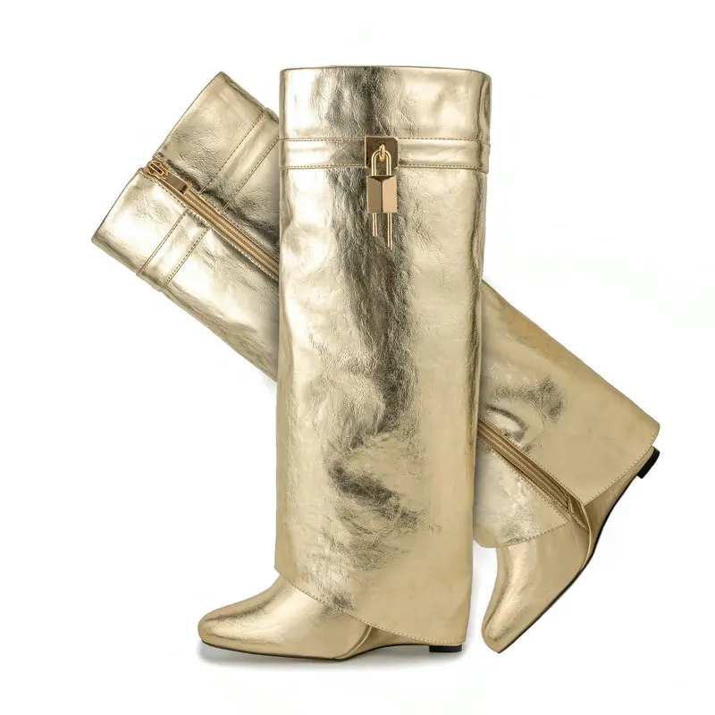 

2023 Fashion Glod Silver Women Knee High Boots Wedges High Heel High Boots Autumn Winter Zipper Women Boots Shoes