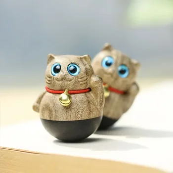 Wood Tumbler Ornaments Wooden Cat Pet Carvings Home Decoration Decompression Toys Birthday Gifts Wood Statue Cat Sculpture Decor 2