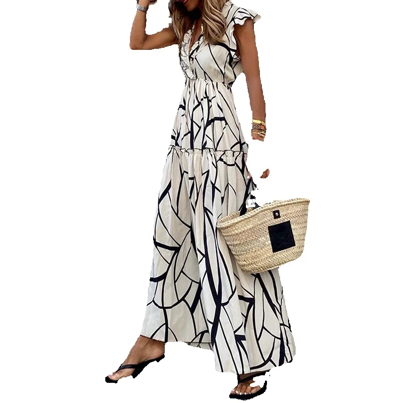 

Summer New Printed Long Dress Women's Casual Pullover V-Neck Ruffled Women