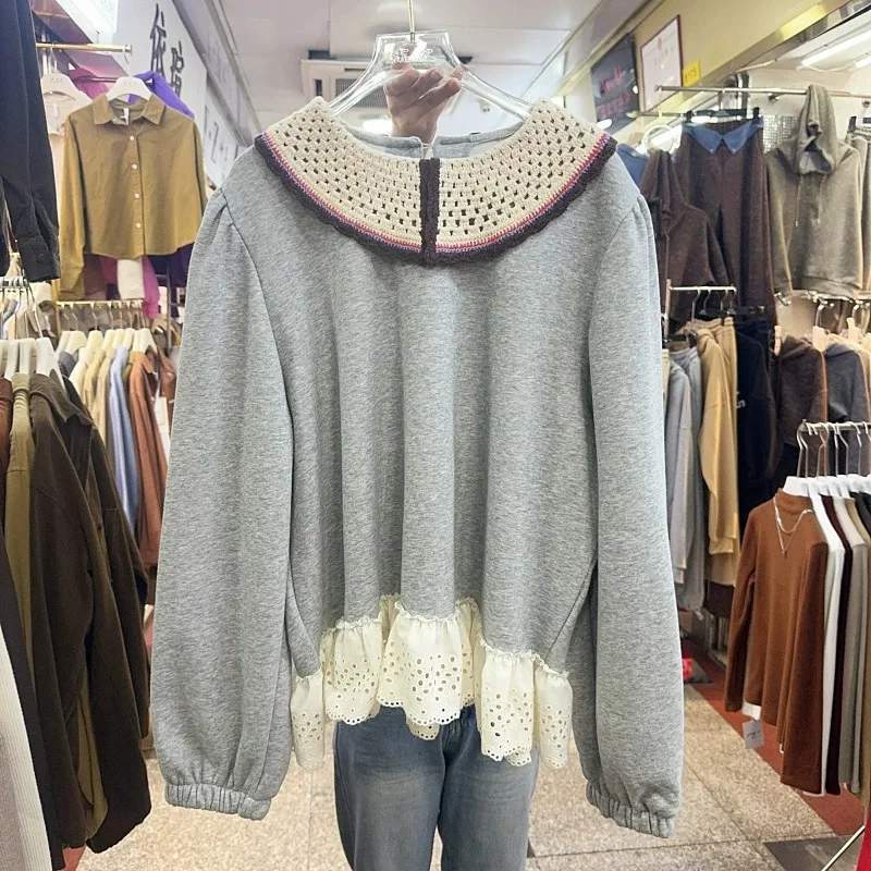 

2023 Autumn Winter New Loose Grunge Sweaters Vintage Clothes Lace Patchwork Sweet Age Reducing Sweatshirts Thicken Hoody Y2k