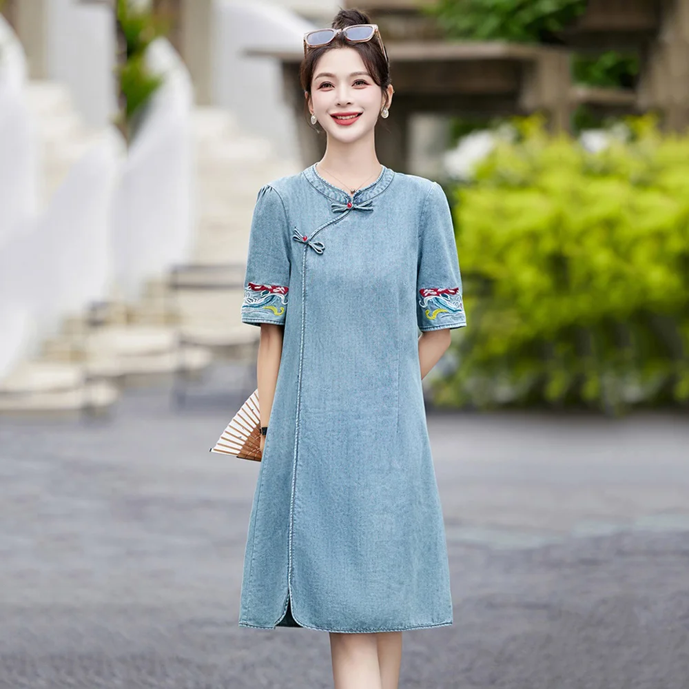 

New Women Summer Chinese Style Denim Dress Fashion O-Neck Short Sleeve Loose Embroidery Dress Simplicity Light Blue Mini Dress