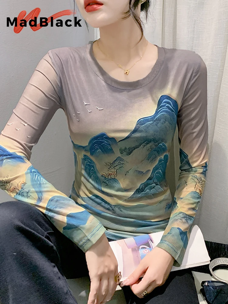 

MadBlack New European Clothes Tshirts Women O Neck Position Printed Slim Mesh Top Long Sleeve Basic Tees Autumn Winter T39838JC