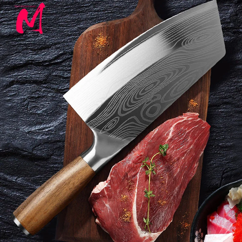 Kitchen Knife Cleaver Chef Knife Stainless Steel Razor Sharp Slicing Chopping Meat Chinese Butcher Knife Wood Handle