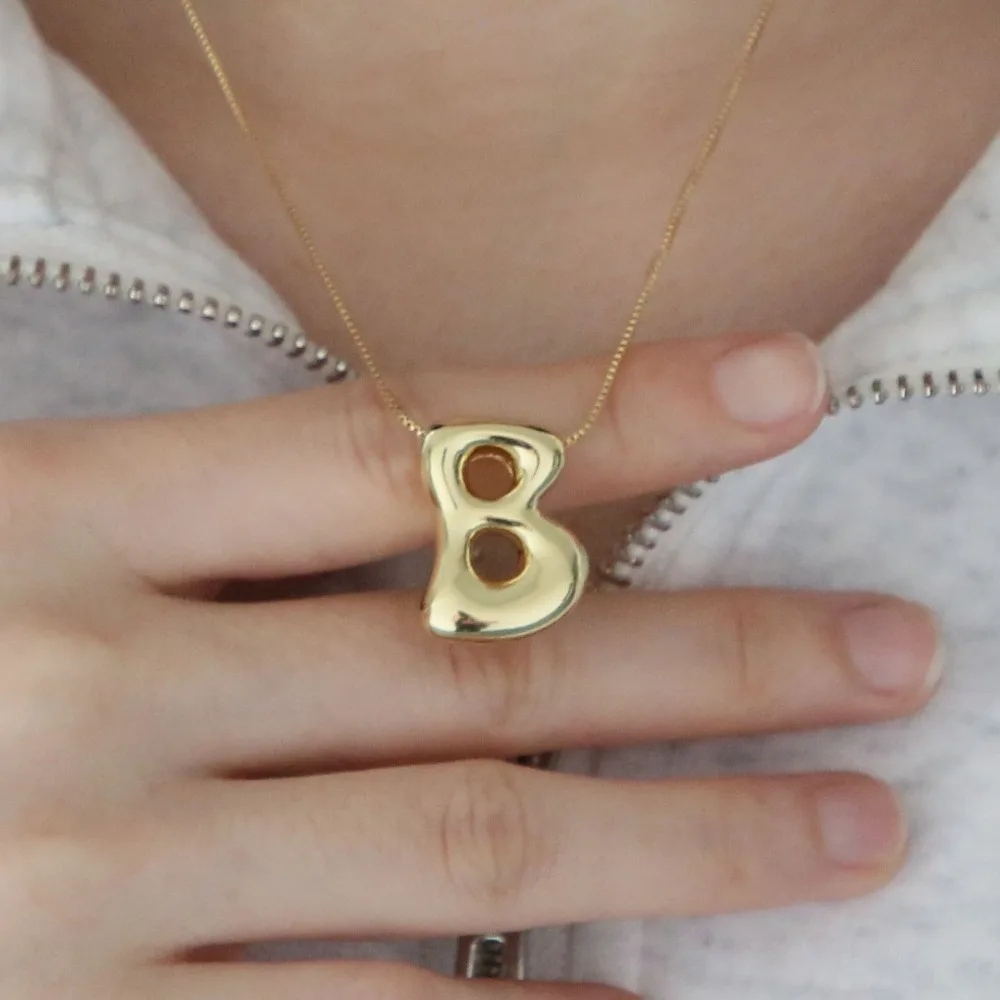 Exaggerate Stainless Steel Gold Color Chunky Alphabet Pendant Balloon Bubble Initial Letter Choker Necklace Charm Jewelry Gifts