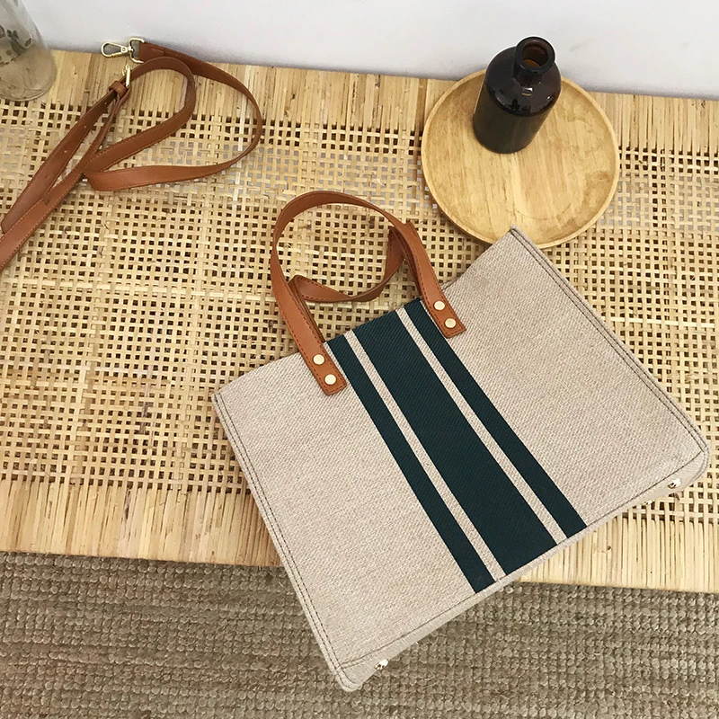 Einfache Canvas Streifen Dekor Eimer Handtaschen Damen Top Griff Einkaufstasche große Kapazität lässig Schulter Umhängetaschen – Detail 17
