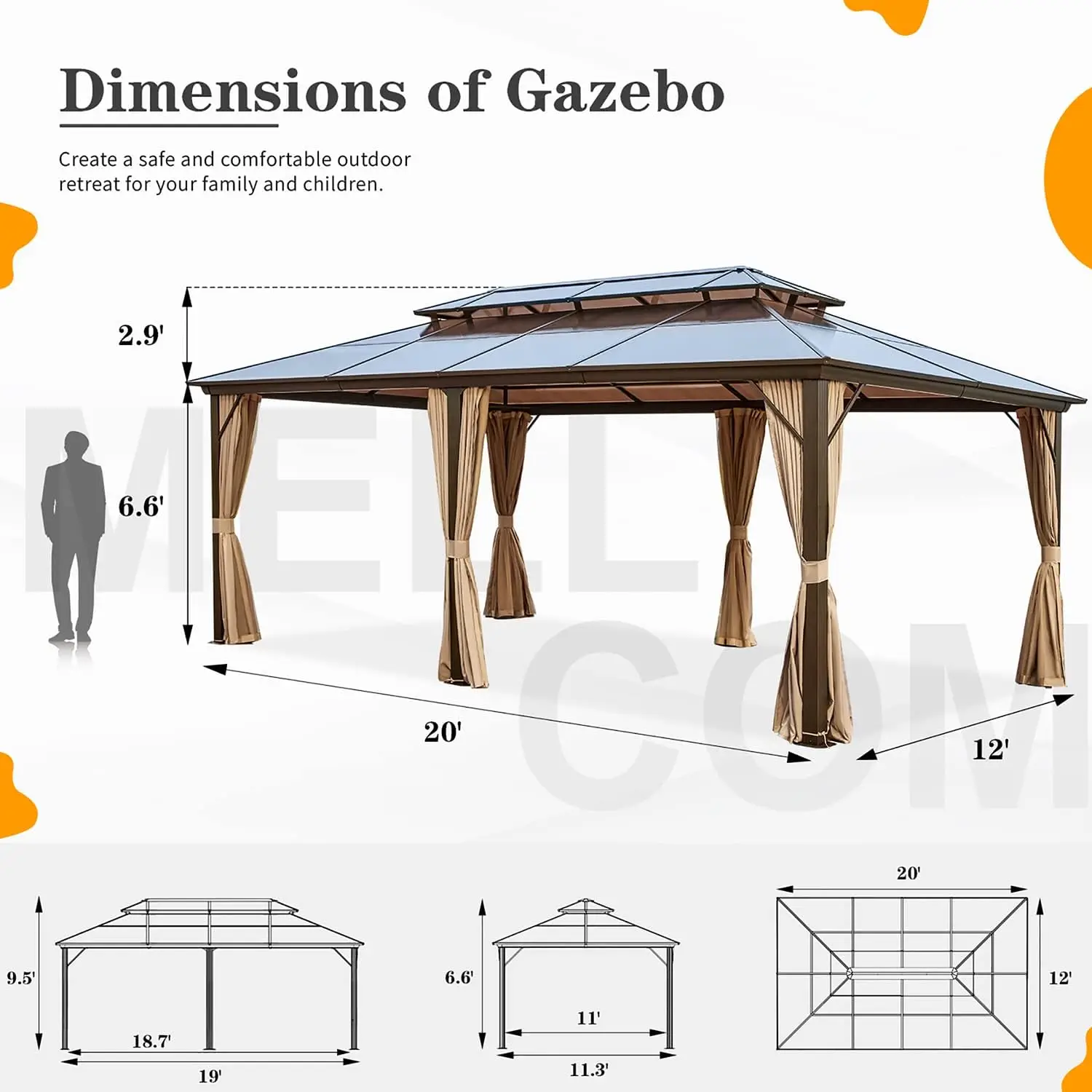 12'x20' Hardtop Gazebo with Polycarbonate Double Roof, Aluminum Frame Outdoor Gazebo Permanent Pavilion, Lawn & Garden 5