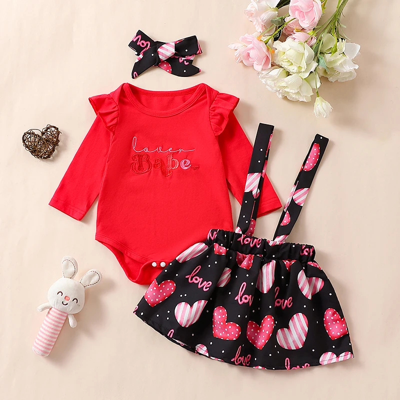 

0-24M Baby Girls 3PCS Skirt Sets Red Long Sleeve Ruffle Romper Heart Print Suspender Skirt Headband Sets