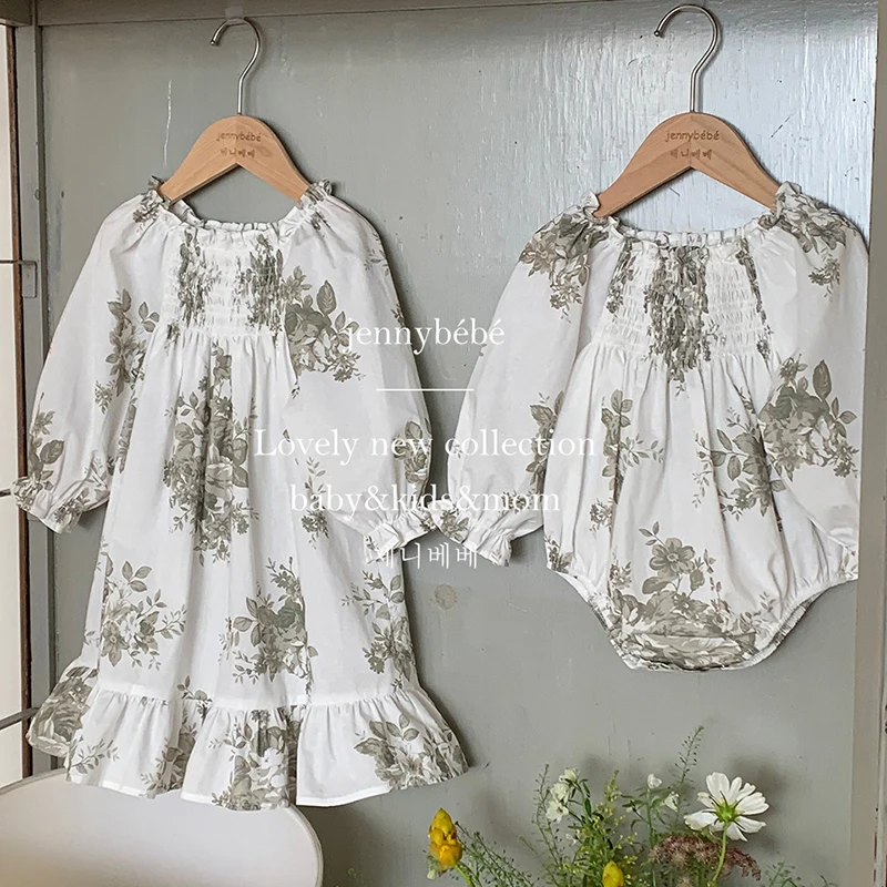 

Autumn Spring Girls Princess Dress Long Sleeved Cotton Floral Printing Sisters Clothes Toddler Baby Bodysuits Kids Party Dresses