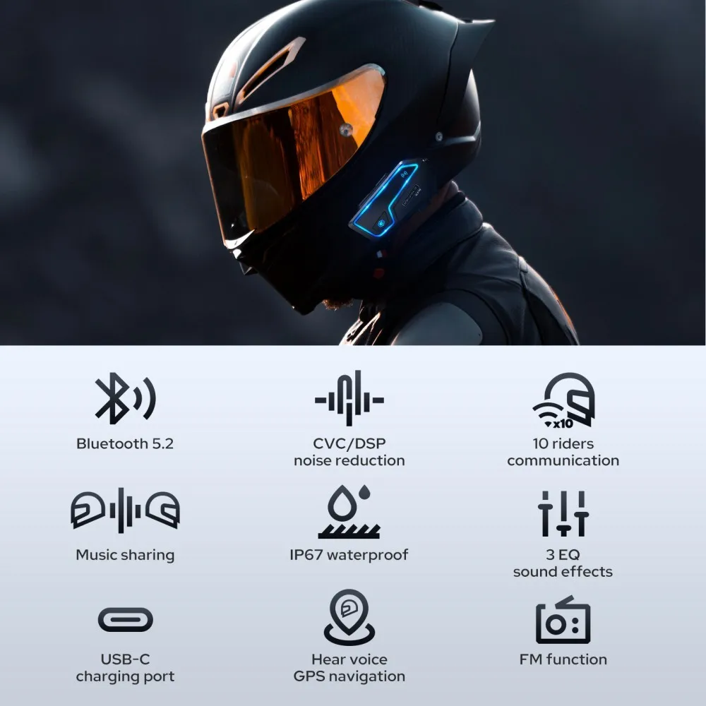 EBTOOLS Bluetooth Helmet Headset - Motorcycle Intercom, BT 4.1, For Music, Calls, Rider Communication