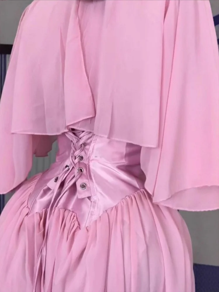 Wmstar Dress Women Wholesale Stock 2025 Cross Border Clothing Pink Chiffon Summer Short Sleeved Elegant V Neck Cinched Waist