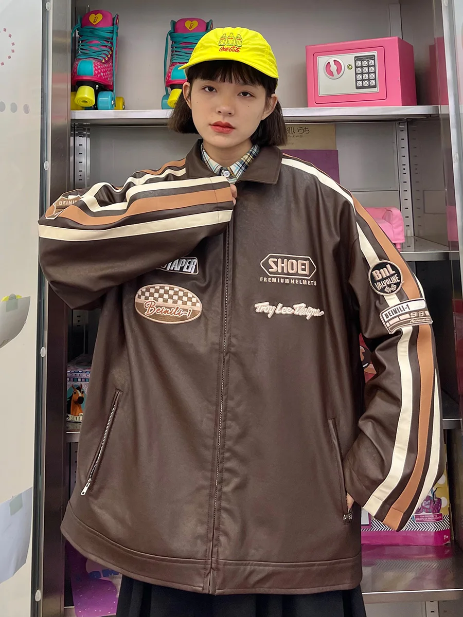 Embroidered PU leather lapel jacket for women's autumn 2023 new loose fitting bf American ruffian handsome coats