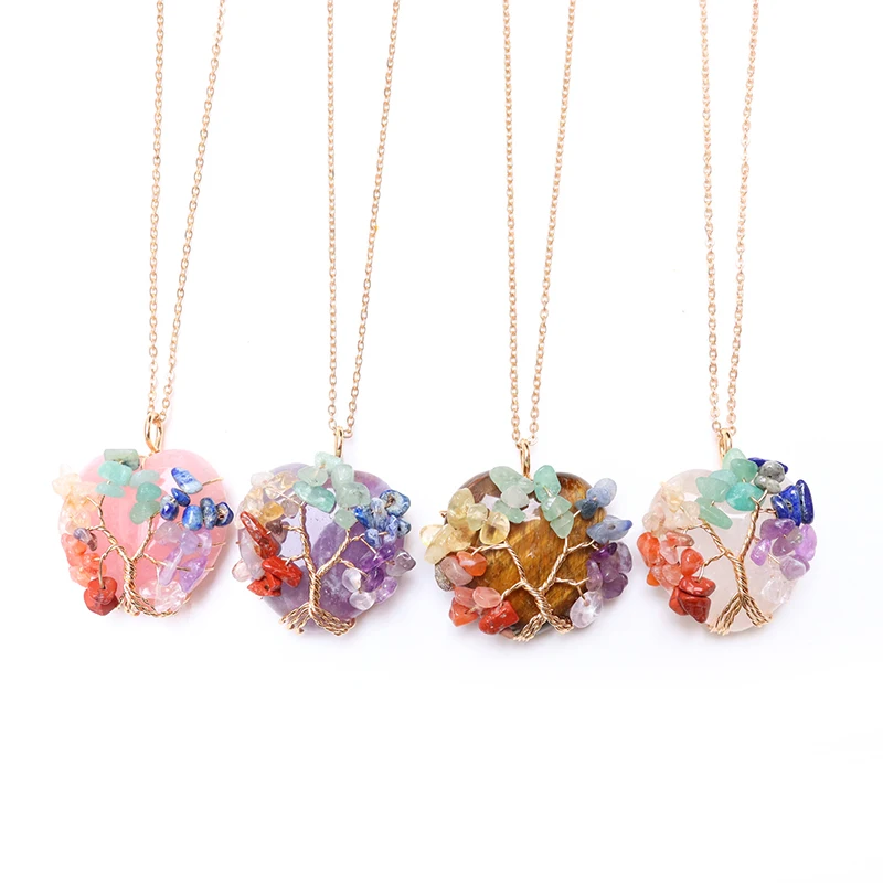 

Tree of Life 7 Chakra Natural Gemstone Pendant Crystal Energy Healing Handmade for Women Men Yoga Jewelry