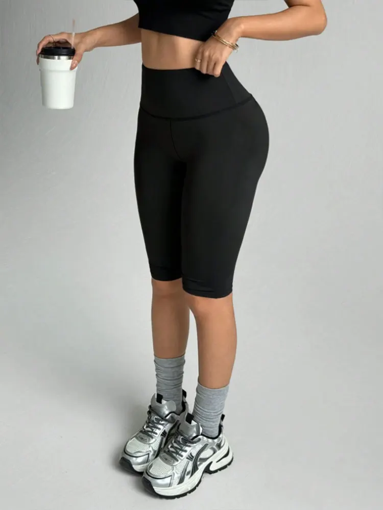 Women’s High Waist Solid Color Capri Sports Leggings Summer Cool Breathable Bottoms For Fitness Jogging Cycling Yoga Sweatpants 4
