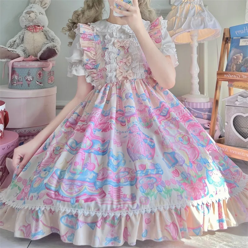 KIMOKOKM-Lolita Princesa Estilo JSK Vestido, Adorável Kawaii, Colarinho  Quadrado, Arco, Impressão Coelho, Ruffle, Sem Mangas, Doce, Camisola