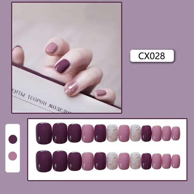 24pcs/box Fake Nails Press on Short Reusable with Designs Set French Artificial Pink False Tipsy Stick-on Nails Tips Art CX028