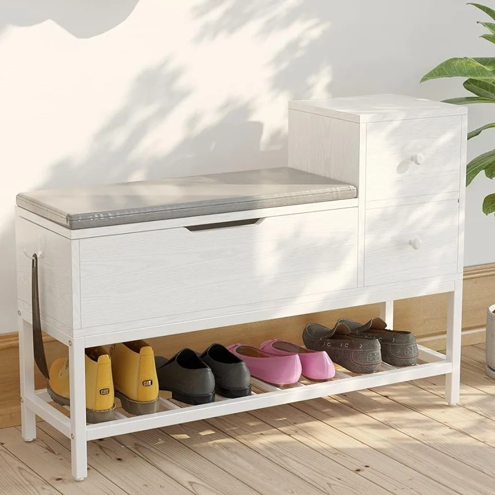 

Entryway Shoe Bench With Flip Top Storage Space and 2 Drawers Stool Pouf White) Freight Free Living Room Furniture