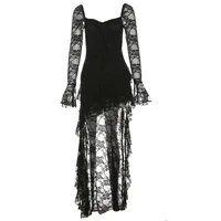 Fairycore Lace Flare Sleeve Square Neck A-line Dress Sweet E-girl Irregular Long Hem Dresses Cyber Y2K Party Vestido - Image 5
