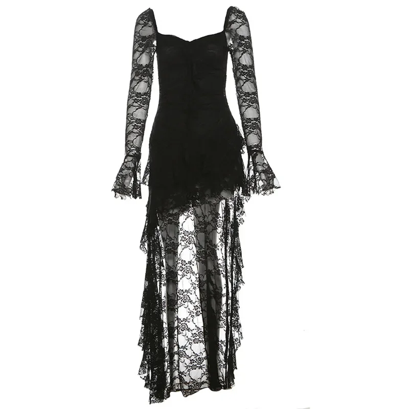 Fairycore Lace Flare Sleeve Square Neck A-line Dress Sweet E-girl Irregular Long Hem Dresses Cyber Y2K Party Vestido 5