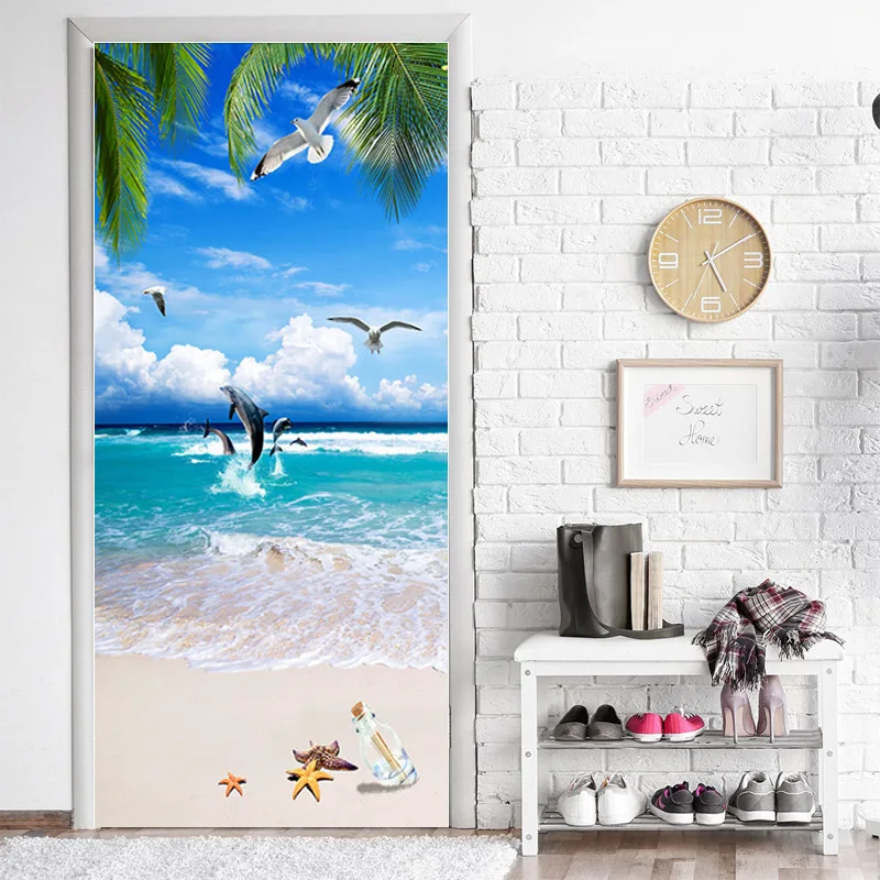 Adesivo Murale 3D Per Porte LuSeven - Onde E Sole 95x215cm - Vinile Rimovibile E Impermeabile Per Camere E Corridoio