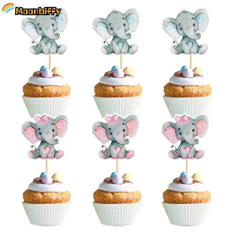 12Pcs Blue Pink Elephant Cupcake Topper Kids Birthday Party Cake Decoration Baby Shower Favors Gender Reveal Party Cake Supplies