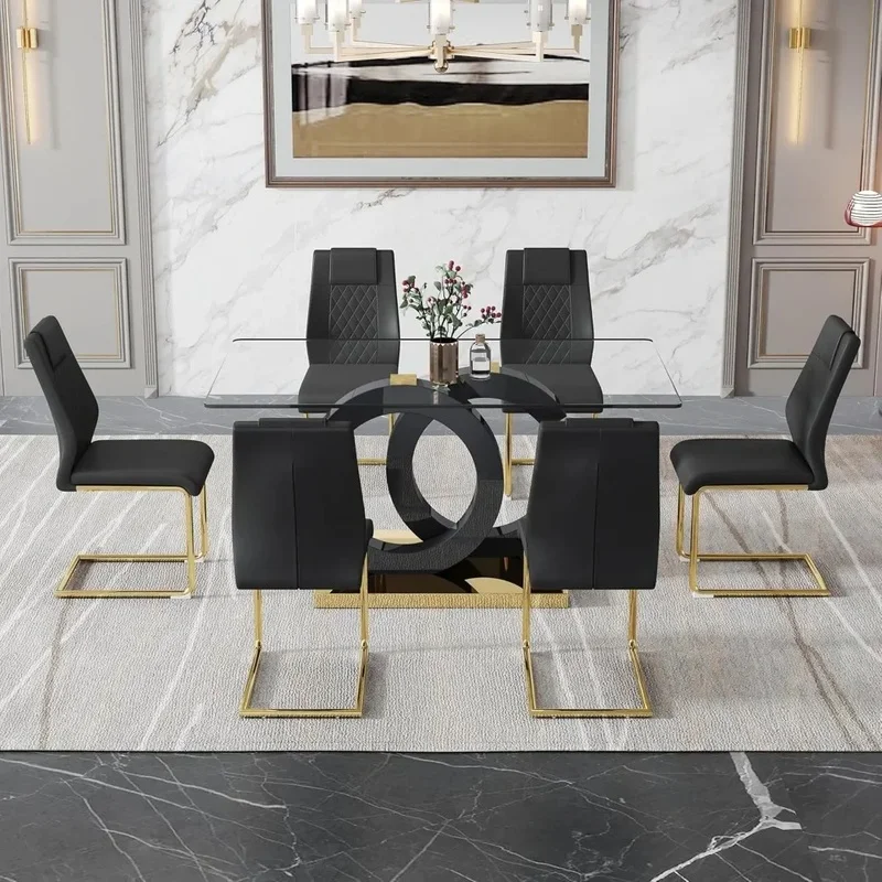 7-Piece Glass Dining Table Set with 6 Faux Leather Padded Chairs for Living Room, Modern Dining Table and Chairs Set