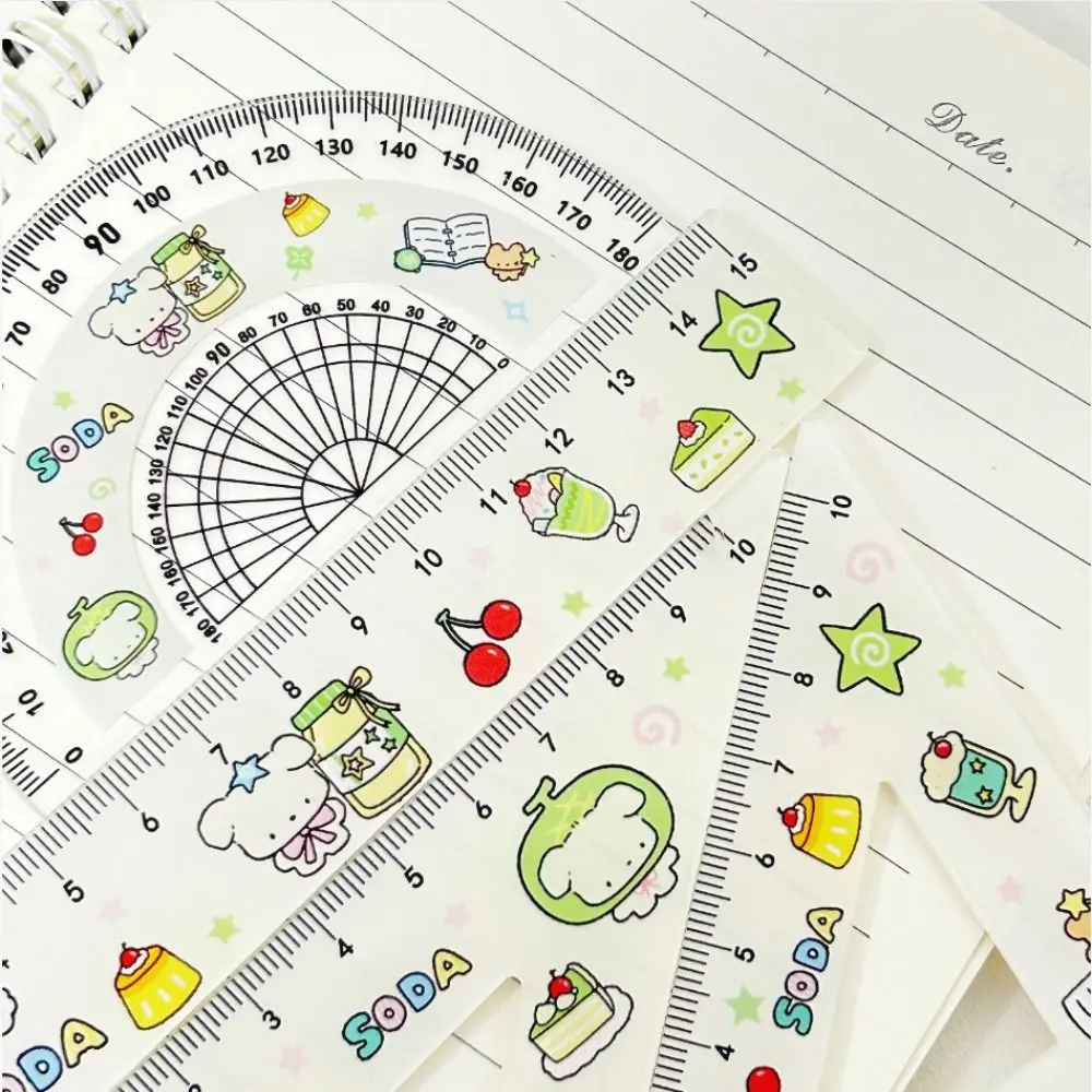 4pcs Kawaii 멜론 개 자 세트 수학 기하학 도구 측정 그리기 도구 직선 자 각도기 학교 사무실
