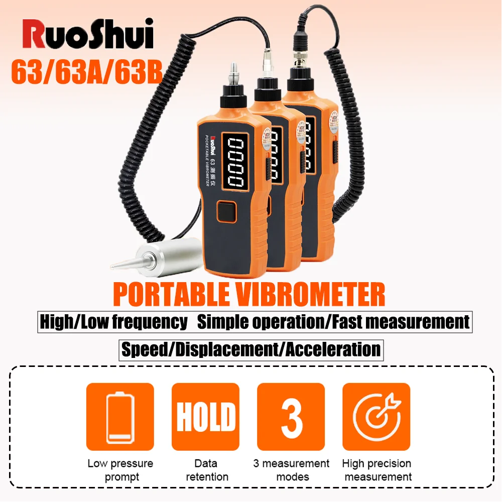 Victor 63B Handheld Vibration Meter - 0~1999μm/0-199.9mm/s Range 10-1000Hz Magnetic Probe Industrial High-Precision Vibrometer