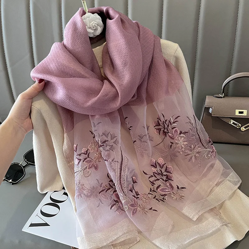 Foulard En Organza Brodé LumiSyne - 180x70 Cm - Léger Et Doux - Style Plume - Rose Rouge