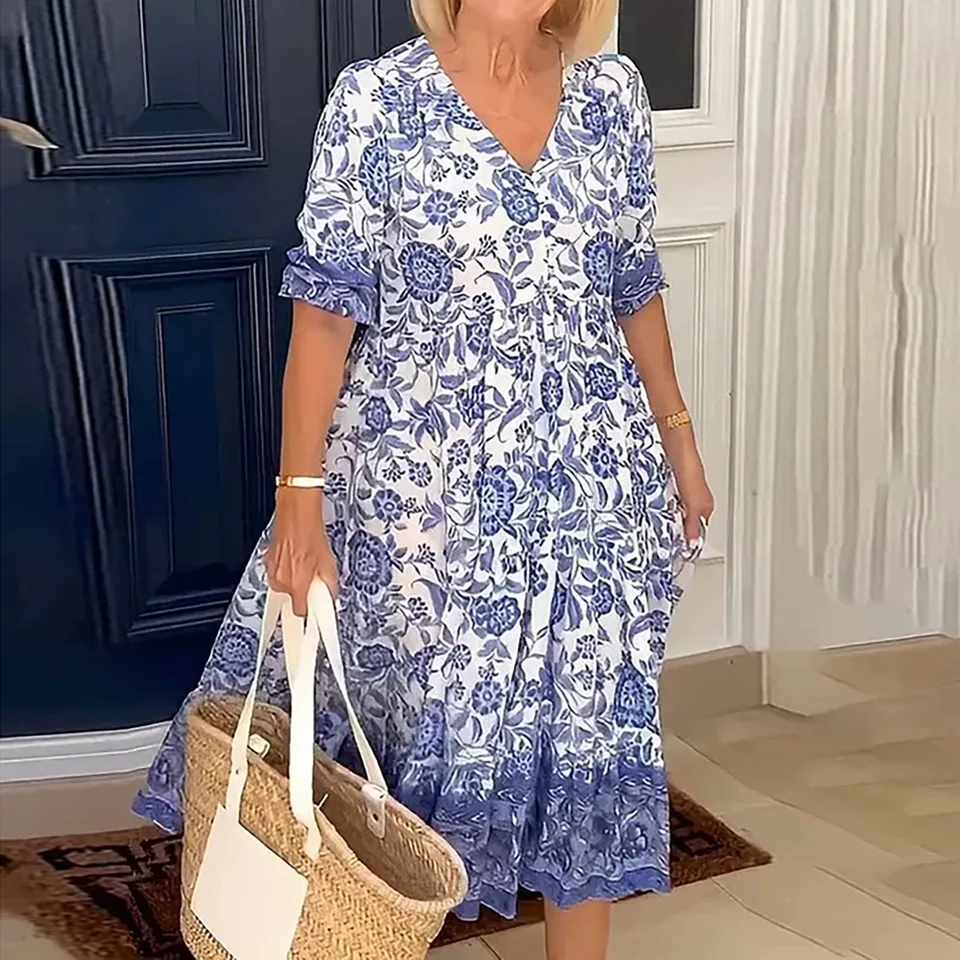 Floral Boho V Neck Summer Maxi Dress