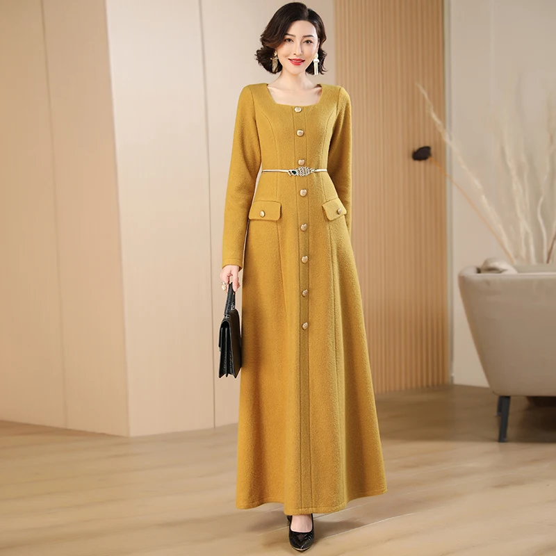 

Wool square collar long dress for lady, cashmere dress, ankle length, buttons, track, warm snow, night, winter