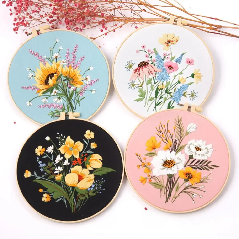 Flower Pattern Embroidery Kit With Embroidered Hoop Cross Stitch DIY Handmade Crafts Needlework Sewing Supplies Home Decoration