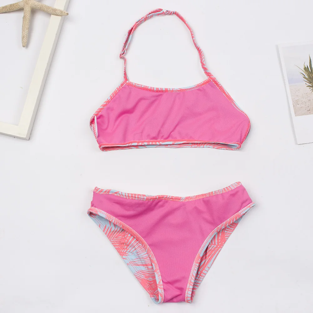 Leaf Print Ruffle Child Kids Girls Swimwear Summer Surf Outdoor Halter Teen Kids 2-pieces Swimsuit For Vacation Girls Bikini Set