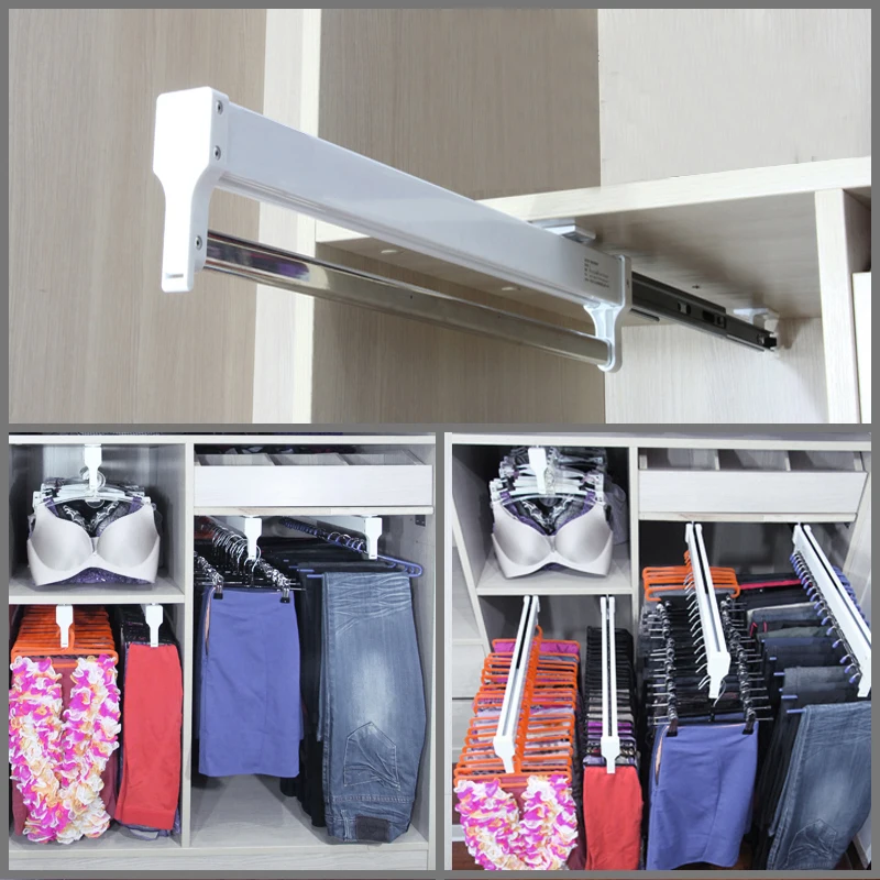 

Pull-Out Closet Valet Rod Adjustable Wardrobe Clothing Rail Top Mount Wardrobe Hanger Rack Bar Ball Bearing Slide Heavy Duty