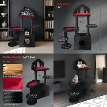 multi-level gothic style cat tree tower with removable cushion, hammock, cozy nest, and interactive toy 1