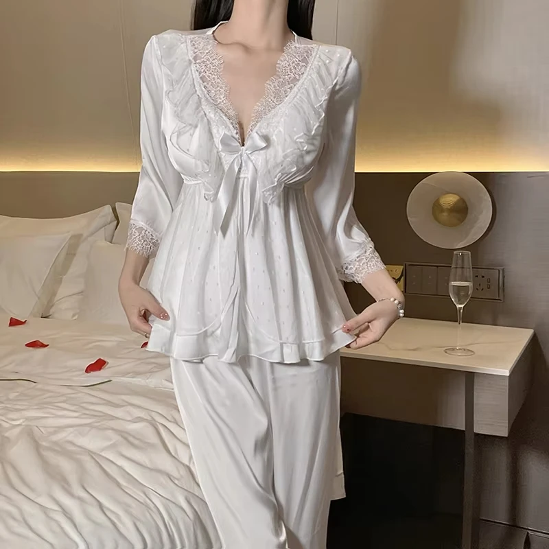 2025 Women's New Lace Lace Satin Home Pajama Set Deep V Sweet Lace Top Pants Two Piece Set Home Clothes Skin friendly Hot Sale