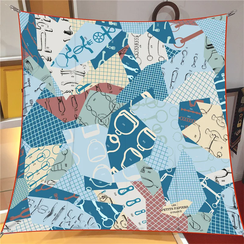 Luxury 90cm Twill Silk Checkered Horse Print Square Scarf Shawl