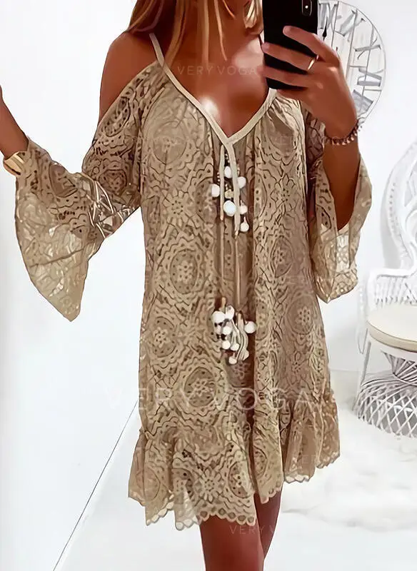 

New Boho Beach Khaki Blue Lace Hollow Out Summer Sundress Mini Beach Dresses Women Casual Flared Sleeve Party Dress Vestidos