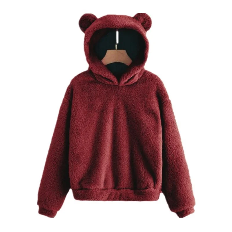Fluffy Hoodies Women Kawaii Sweatshirt Cute Bear Ear Hooded Autumn Winter Warm Pullover Long Sleeve Outwear Fleece Coat Moletom