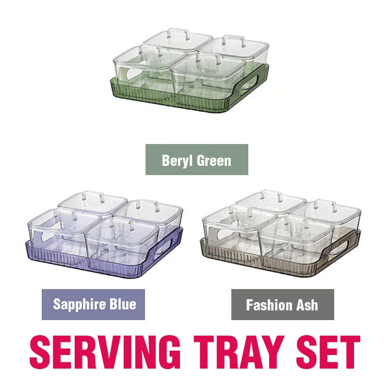 

Plastic Serving Food Tray with 4 Containers Square Tray Fruit Candy Tray Serving Flat Tray Coffee Tea Serving Holder